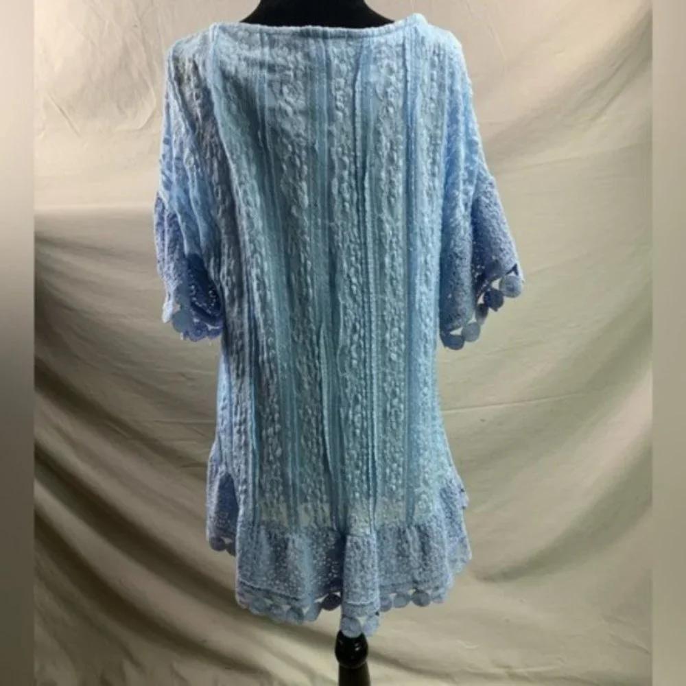 Romantic Lace Tunic Top Flutter Sleeve Ruffle Hem Boho Smock Baby Blue - Picture 8 of 8